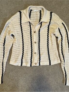 Blu Pepper Cream Open-Knit Cardigan with Black Stripes